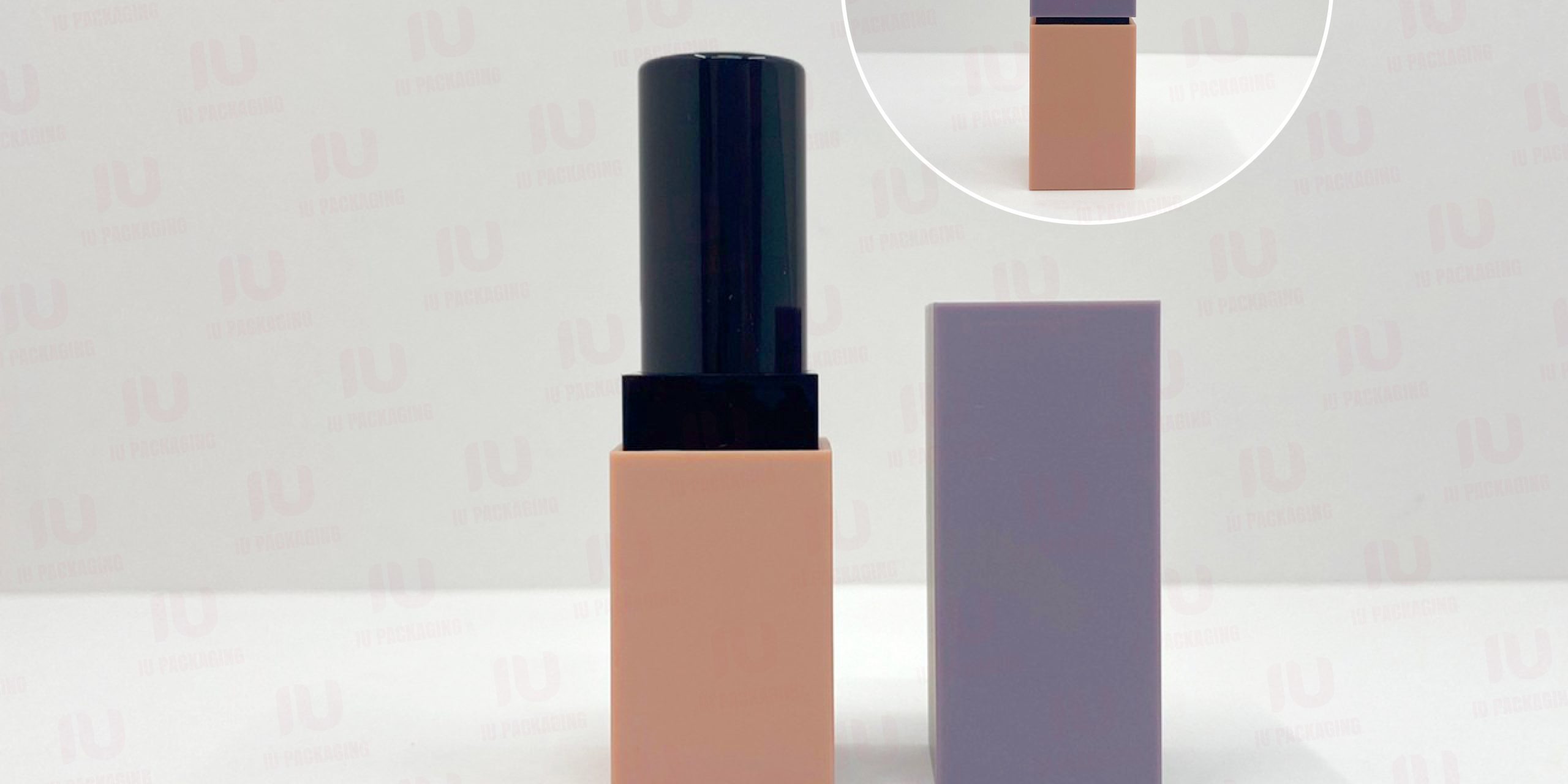 iupackaging-หลอดลิปแท่งทรงสี่เหลี่ยมหลอดสีเนื้อฝาสีม่วง